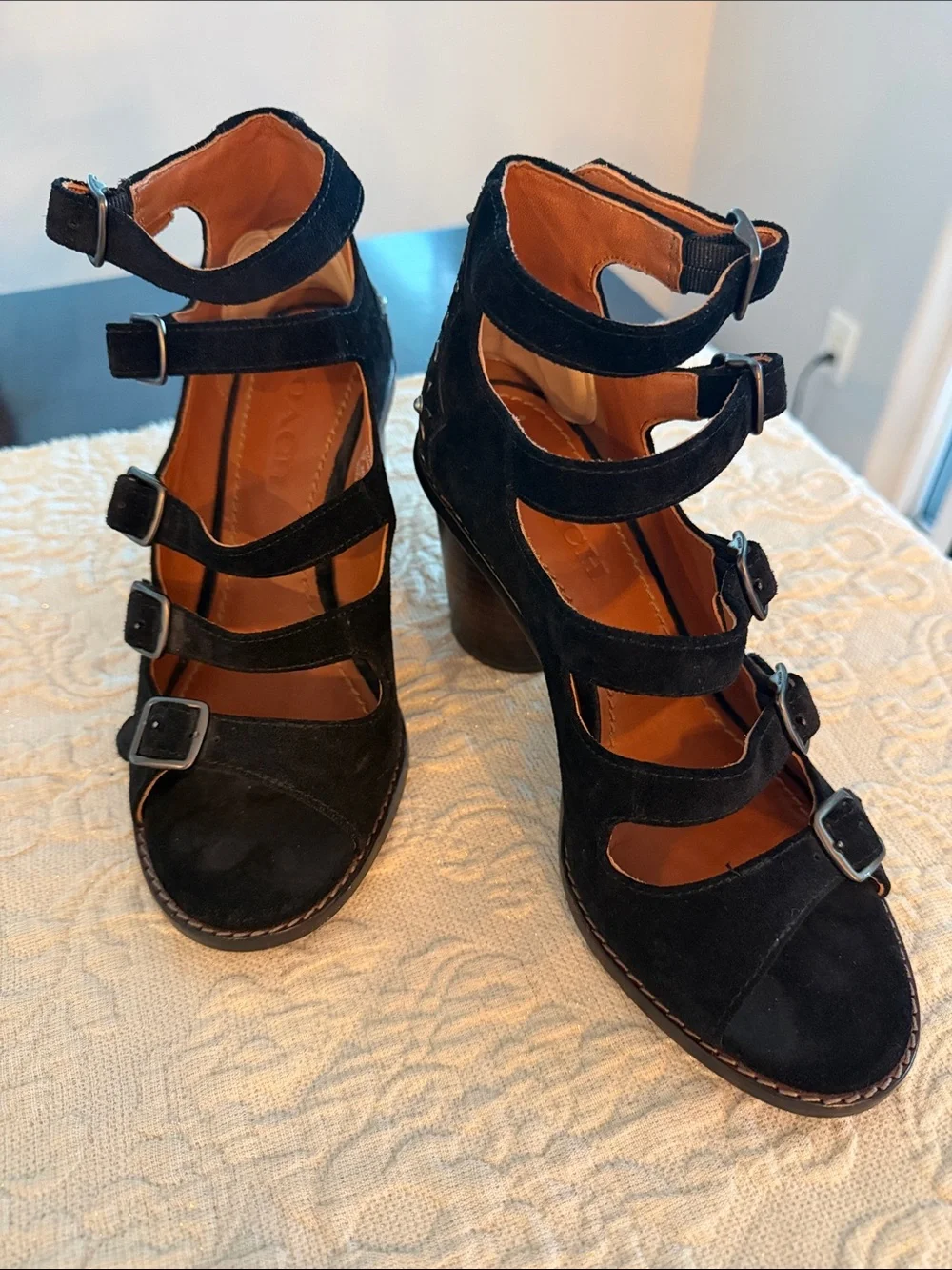 Coach Black Suede Strappy Multi-Buckle Block Heel Sandals size 7B
